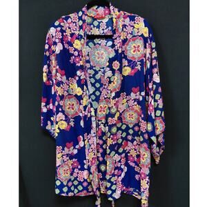 Josie Natori Floral Kimono Robe Blue Rayon 3/4 Sleeve Women Size M